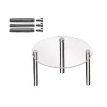 Bandeja transparente em acrílico para bolos com suporte circular de metal.