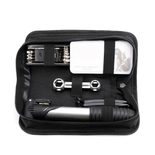 Kit de reparo de bicicleta com bomba e remendos para pneus.