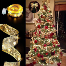 LED Christmas Light String with Gold Ribbon Pendants