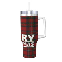 Vaso navideño a cuadros de acero inoxidable de 1.2 litros con asa.