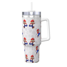 Vaso Mario de acero inoxidable de 1.1 litros con asa y pajita.