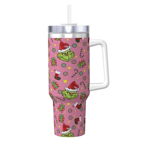 Copo térmico de aço inoxidável de 40 oz com alça e canudo.