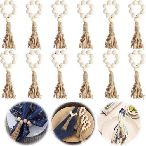 Serviettenringe aus Holzperlen im Boho-Stil, 12 Stück 2