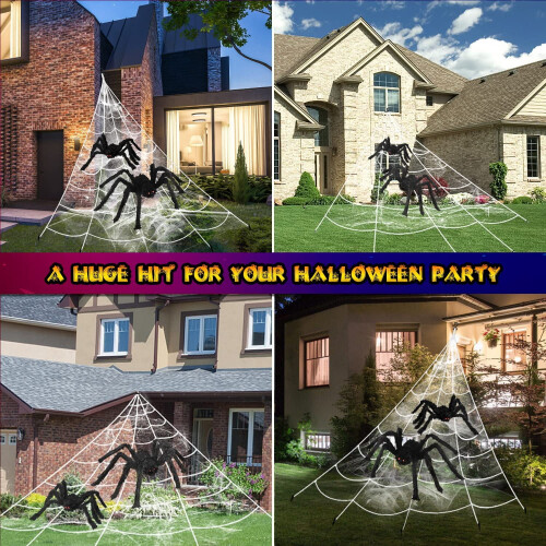 Halloween spider web with 2 large black fake spiders 16.4 ft 2
