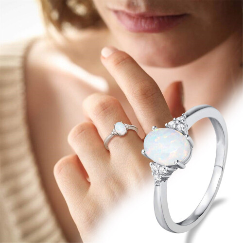 Oval White Fire Opal Ring in 925 Sterling Silver Size 6 1