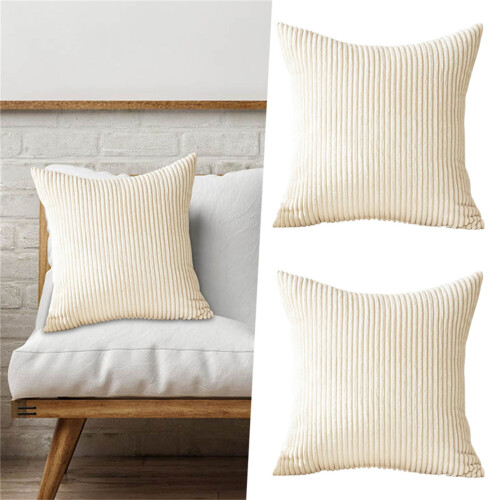 Gestreepte corduroy kussensloop beige 40x40cm set van 2 1