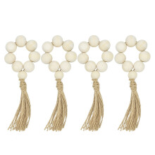 Rond de serviette en perles de bois blanches faites main avec pompon (4 pièces)