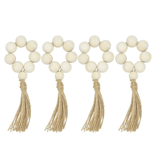 Rond de serviette en perles de bois blanches faites main avec pompon (4 pièces)