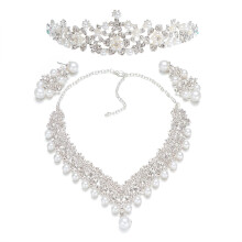 Conjunto de tiara de corona de perlas nupcial con collar de diamantes de imitación y