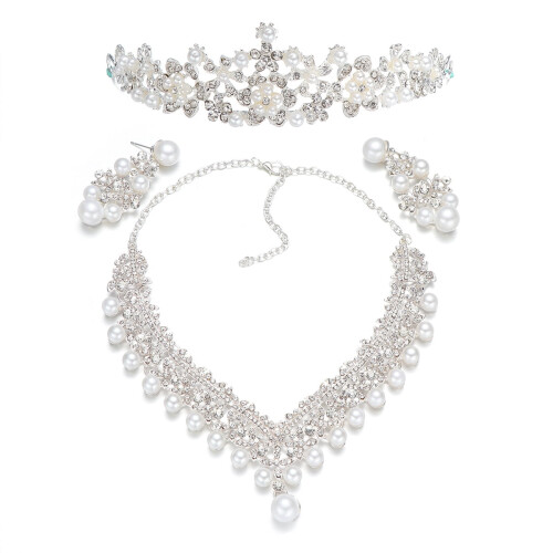 Brautperlenkrone-Tiara-Set mit Strasskette und