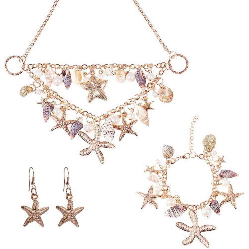 Conjunto de joias de sereia com conchas, estrelas-do-mar e pérolas (3 peças)