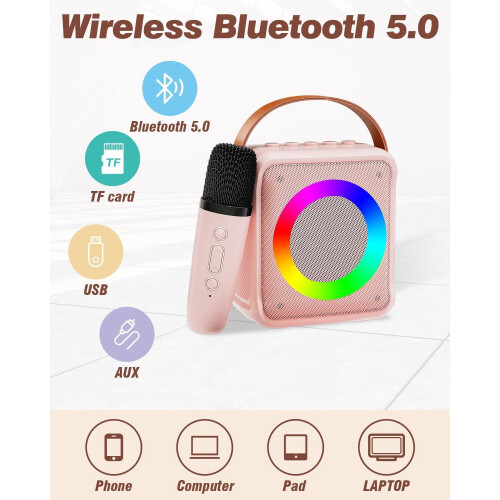 Φορητή μίνι μηχανή καραόκε Bluetooth με 2 ασύρματα μικρόφωνα, φώτα ντίσκο LED για πάρτι 2