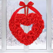 Couronne de Saint-Valentin de 38 cm pour porte d'entrée, couronne de roses artificielles en forme de cœur avec nœud rouge, décoration pendante