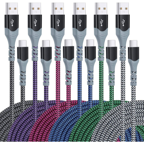Flätad laddningskabel USB-A till USB-C, 3 meter, 6-pack