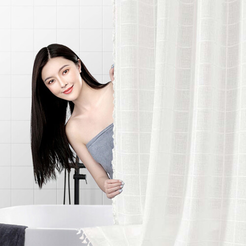 Boheme badeforhæng rustikt stribet hørlook hvidt