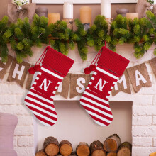 Chaussette de Noël tricotée à rayures rouges avec pompon N19,68 pouces