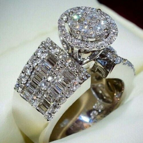 Women's round white sapphire wedding ring, 925 silver