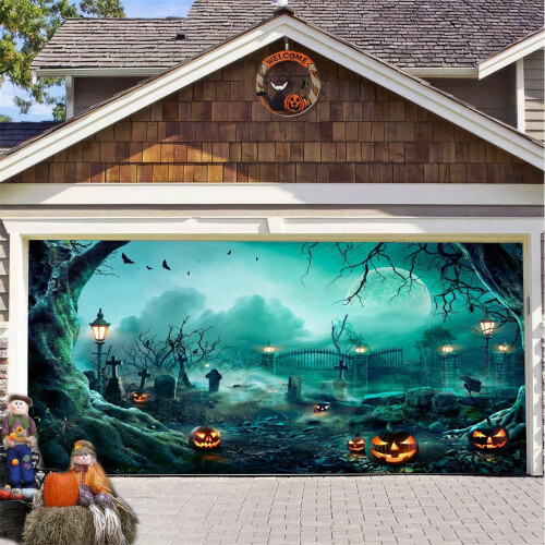 VOSS πανό για την πόρτα γκαράζ του Halloween με θέμα τη μάγισσα και τη νυχτερίδα 4,92x2,46