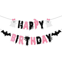 Décorations pour une fête d'anniversaire d'Halloween, bannière « Joyeux anniversaire » à paillettes noires, guirlande et décorations pour