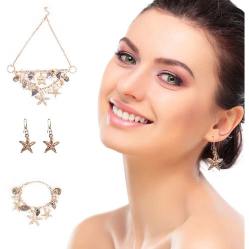 Conjunto de joias de sereia com conchas, estrelas-do-mar e pérolas (3 peças) 1