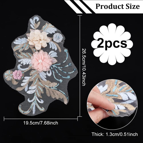 Aplique de renda floral 3D com lantejoulas, 7,6 x 10,4 polegadas (2 peças) 1