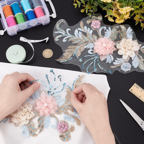 Aplique de renda floral 3D com lantejoulas, 7,6 x 10,4 polegadas (2 peças) 2