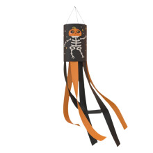 Bandeira de Halloween com cata-vento e desenho de abóbora, morcego e fantasma.