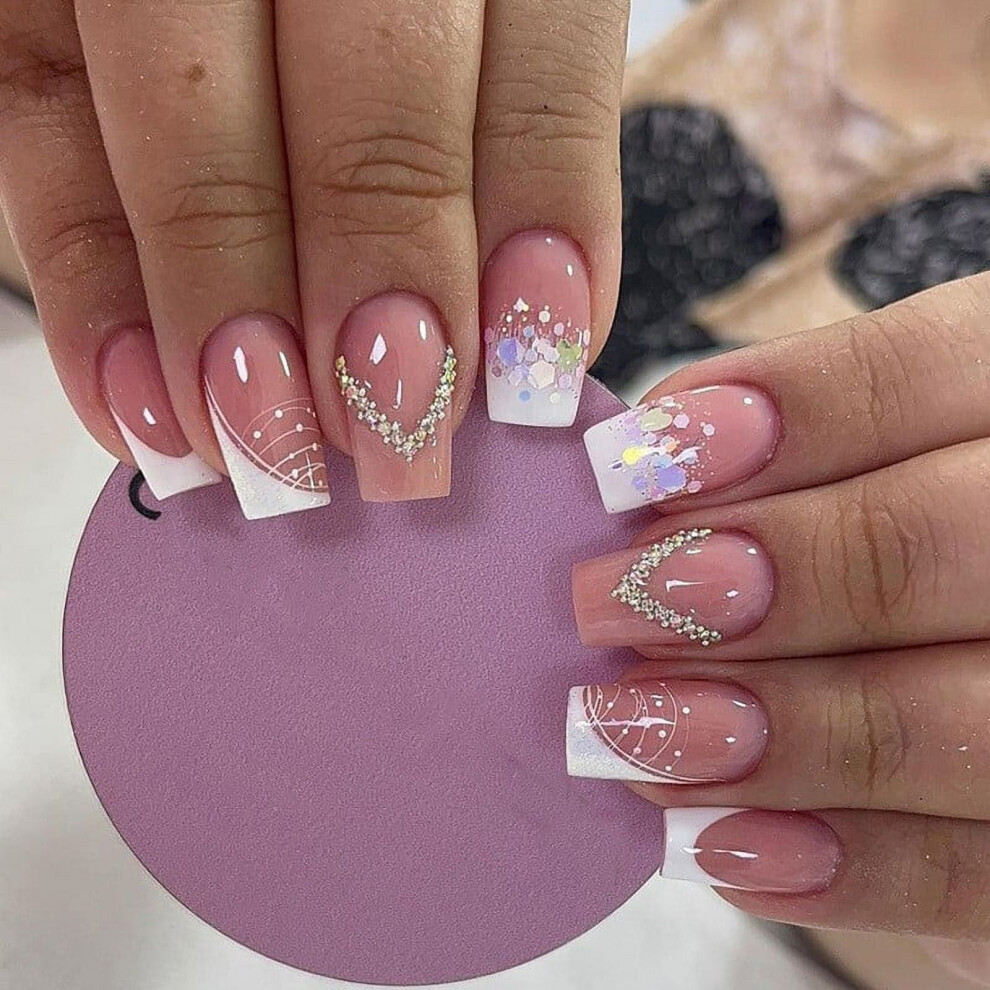 Press-On Nails with Glitter 24 pcs + 10ml Nail Glue