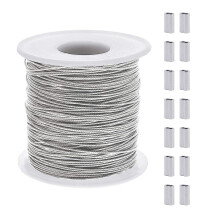 Cabo de aço inoxidável 304 com 120 metros de comprimento (393 pés), cabo de aço de 0,8 mm (1/32") com 50 terminais de crimpagem retangulares de