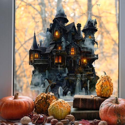 Halloween-seinätarra musta aavelinna, 1 kpl