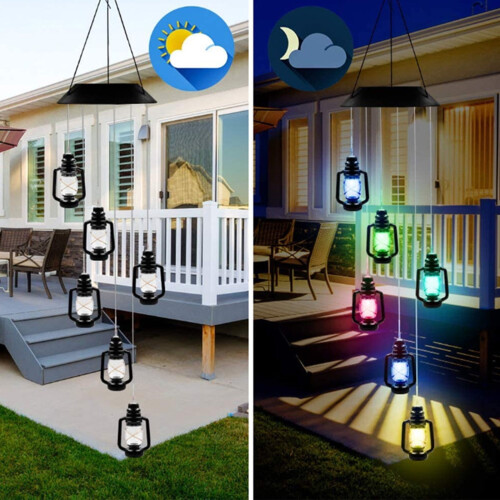 Sino de vento solar para decoração externa com LED giratório