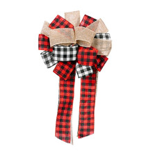Christmas Tree Topper Buffalo Plaid Bow Red Black 9x16 Inch