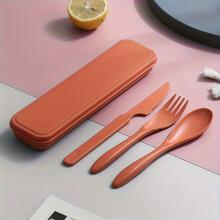 (Orange) 3In1 Portable Cutlery Set Reusable Home Travel Utensil Set Fork Spoon Knife with Box Dinnerware Set Picnic Camping Tableware