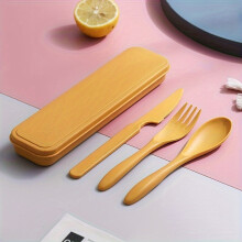 (YELLOW) 3In1 Portable Cutlery Set Reusable Home Travel Utensil Set Fork Spoon Knife with Box Dinnerware Set Picnic Camping Tableware