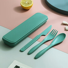 (Deep Green) 3In1 Portable Cutlery Set Reusable Home Travel Utensil Set Fork Spoon Knife with Box Dinnerware Set Picnic Camping Tableware