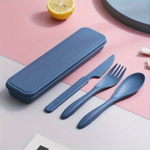 (DEEP BLUE) 3In1 Portable Cutlery Set Reusable Home Travel Utensil Set Fork Spoon Knife with Box Dinnerware Set Picnic Camping Tableware