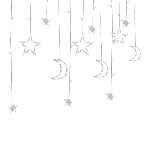 Cortina de luzes de Natal LED com estrelas, luas e pingentes de gelo. 1