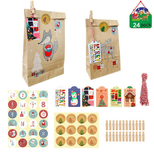 Sacolas de presente de Natal com adesivos em papel kraft (24 unidades) 1