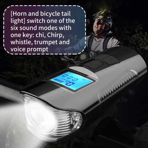 MTB bicycle headlight with speedometer, horn, USB charging, 1