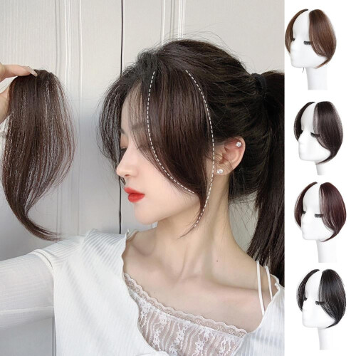 Extensión de cabello natural castaño con flequillo largo lateral, parte delantera 1
