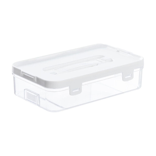 Recipiente de armazenamento em plástico transparente com tampa e alça. 1