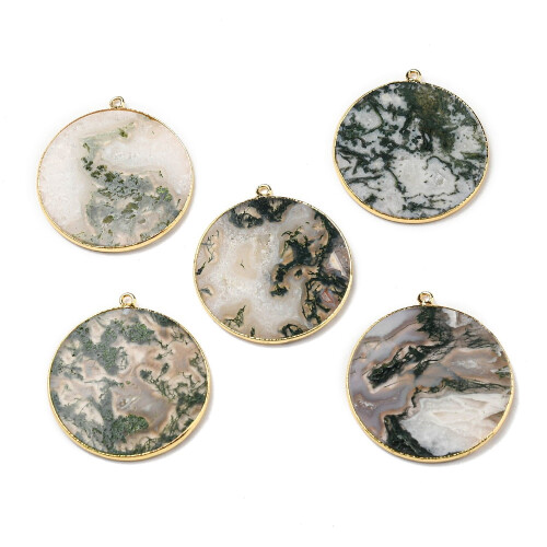 Természetes Moha Achát Medál Sárgaréz Díszekkel5db 1