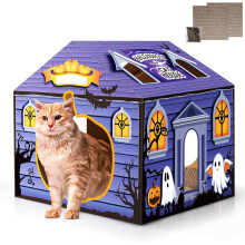 Kattehus af pap med kradsetræer og katteurt