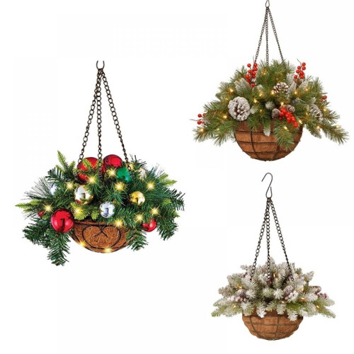 Artificial Christmas hanging basket with frosted pine cones 1