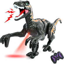 Dinossauro de brinquedo recarregável que anda, com luzes e sons.