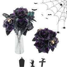 Halloween-hämähäkkikimppu keinotekoisia mustia violetteja ruusuja
