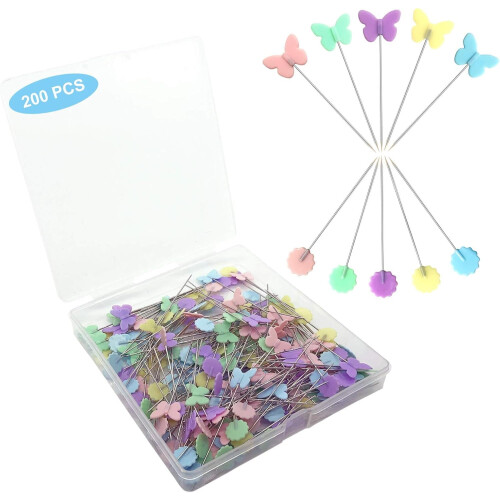 Spilli da cucito a testa piatta con farfalla e fiore, 200 pezzi