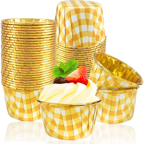 Gingham foil cupcake liners 3.5 oz 50 count yellow checkered