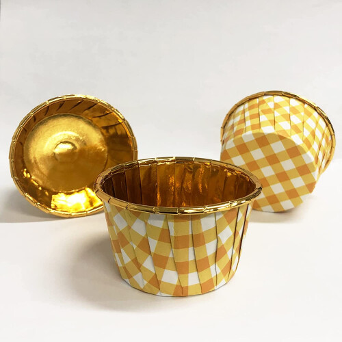 Gingham foil cupcake liners 3.5 oz 50 count yellow checkered 2