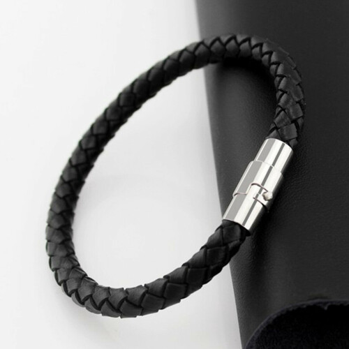 Magnetspänne flätat läderarmband silver rostfritt stål 2